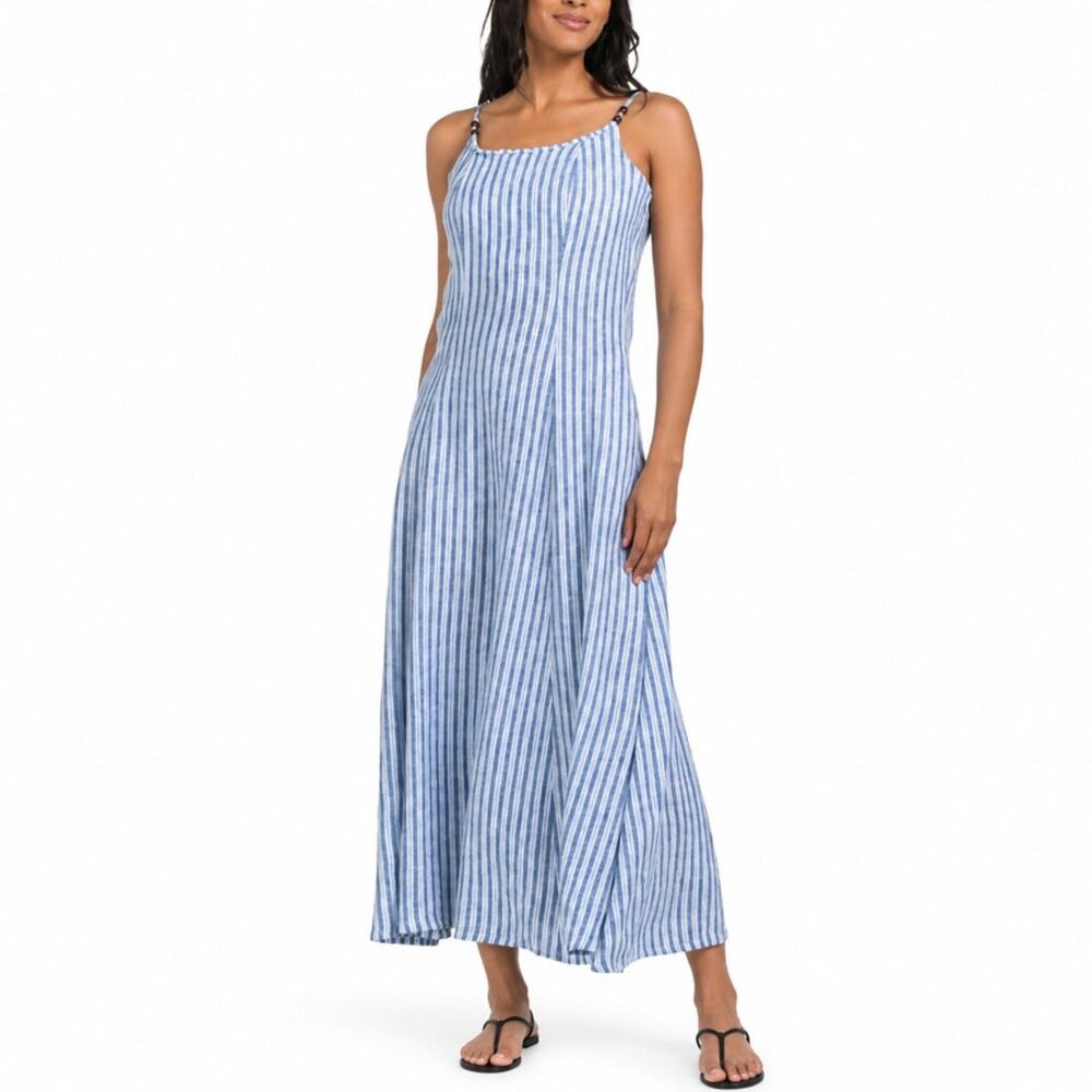 Calypso St Barth Blue Striped Coastal Linen Midi Dress Size L